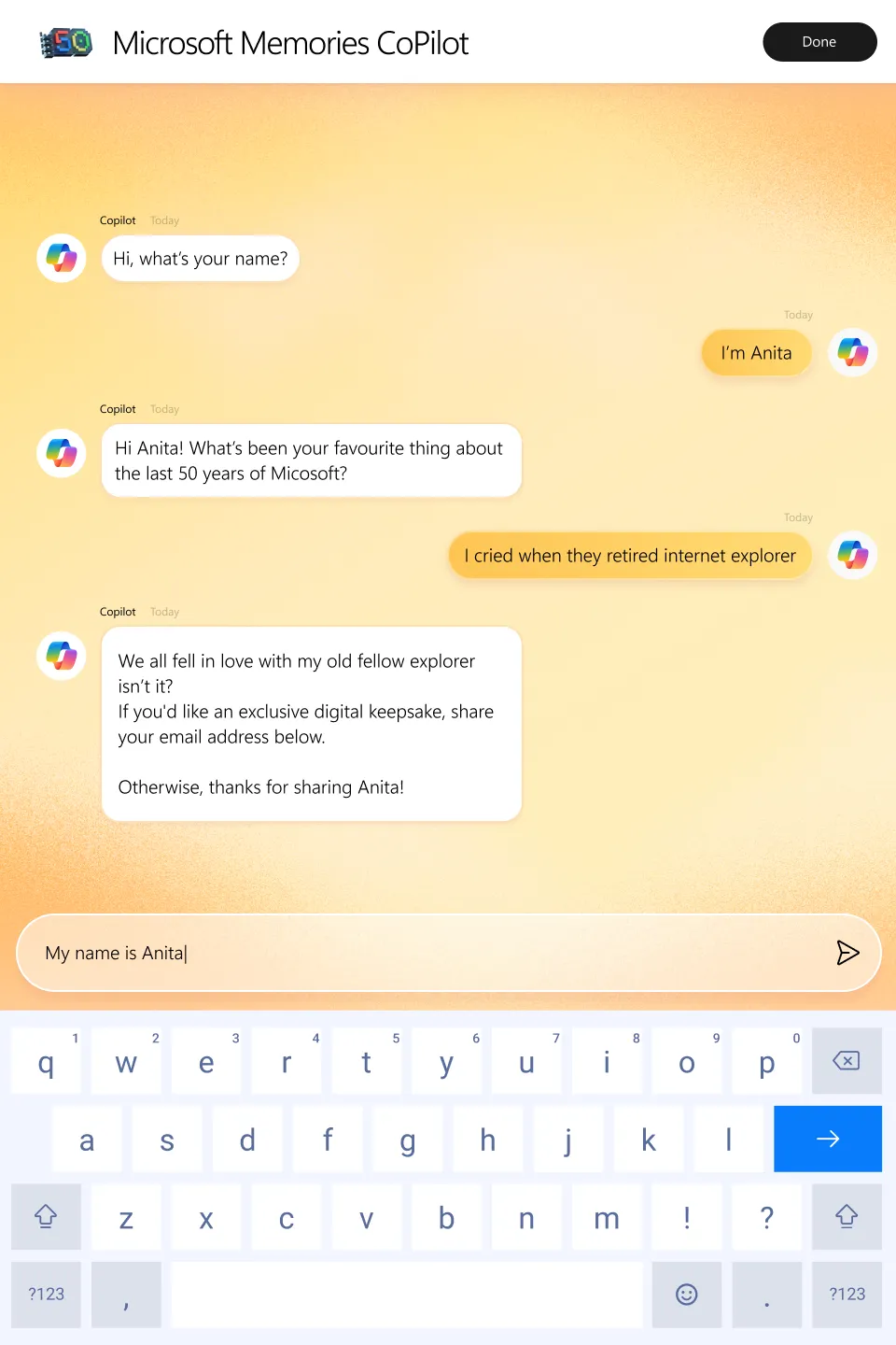 The Microsoft Memories Copilot chat collecting a visitor's favourite memory