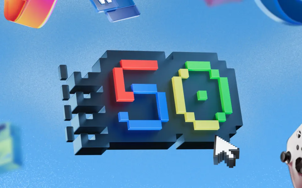 Microsoft 50 Years key art — the pixel-art "50" framed by floating Microsoft product icons