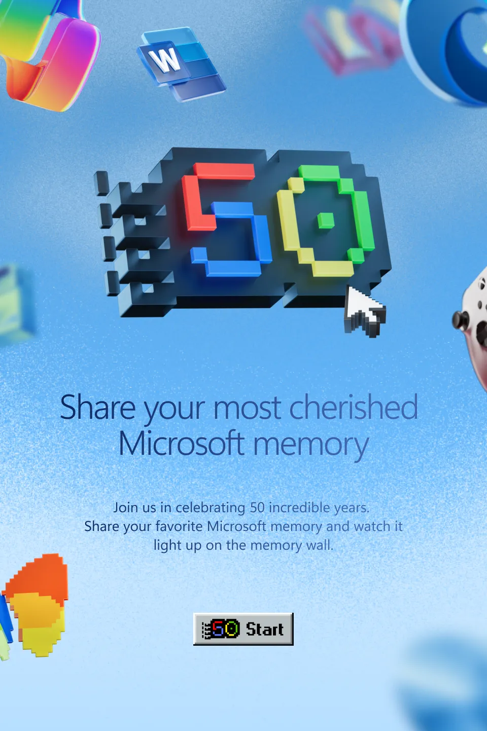 The landing screen inviting visitors to share their most cherished Microsoft memory