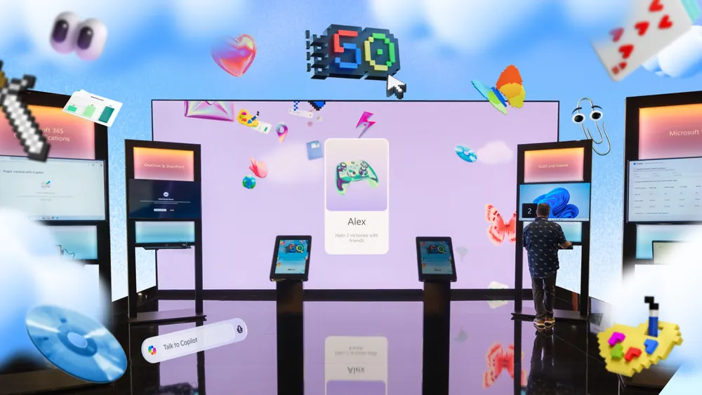 The Microsoft 50 Years memory wall lighting up with shared memories
