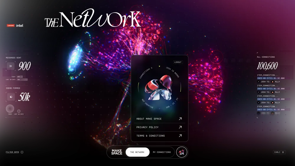 The Network's constellation view with a collaborator profile card